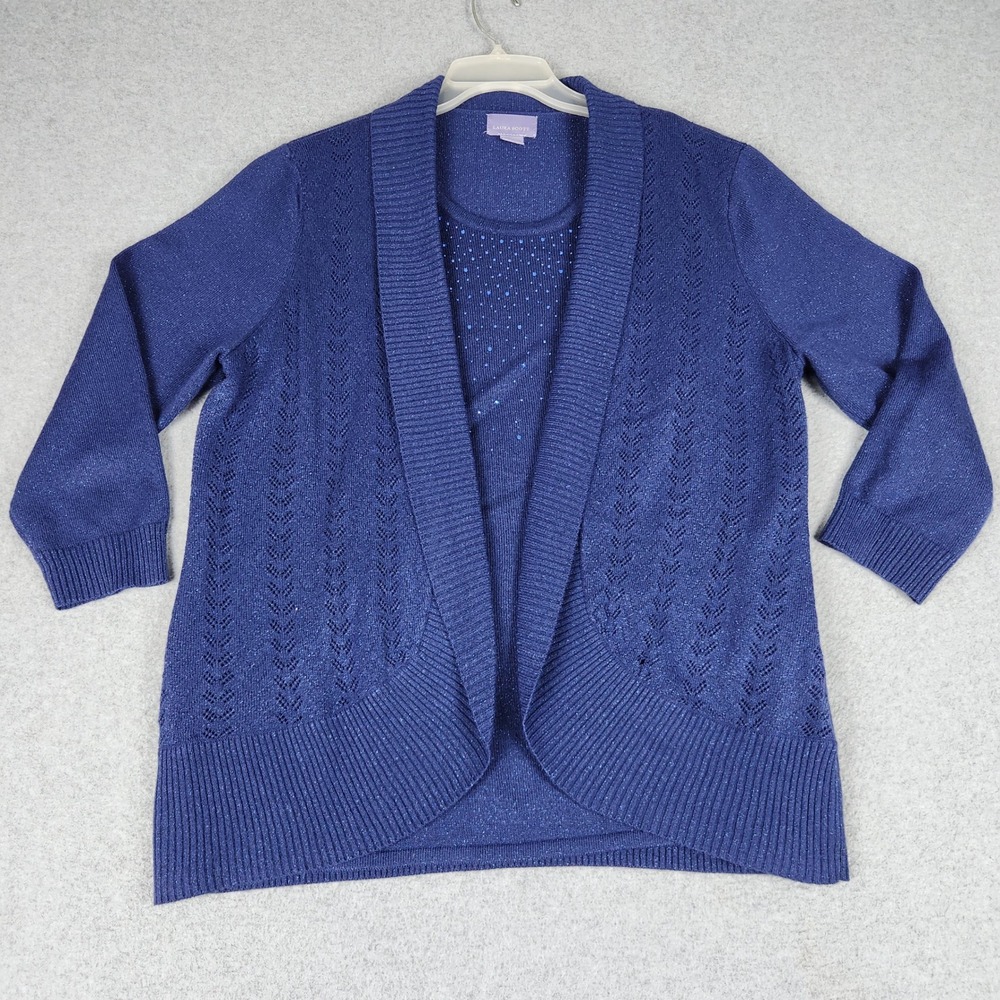 Laura Scott Cardigan Sweater Womens‎ XL Blue Metallic Sparkle Knitted Pointelle